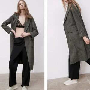 ZARA Houndstooth Wool Blend Double-Breasted Long Coat Size M